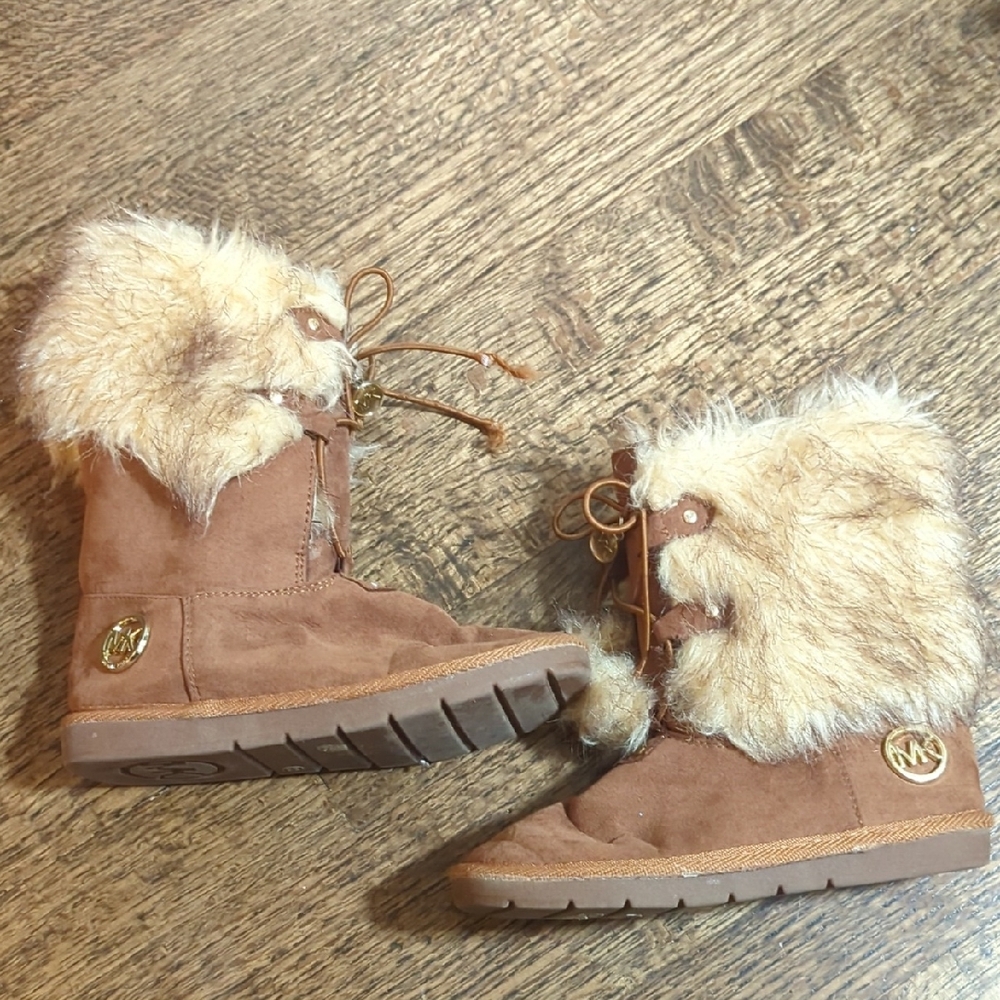MK Michael Kors Brown Faux Fur Trim Faux Suede Lace Front Boot Little Girl 13